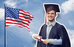 american flag and graduate holding diploma