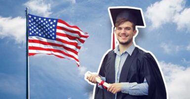 american flag and graduate holding diploma