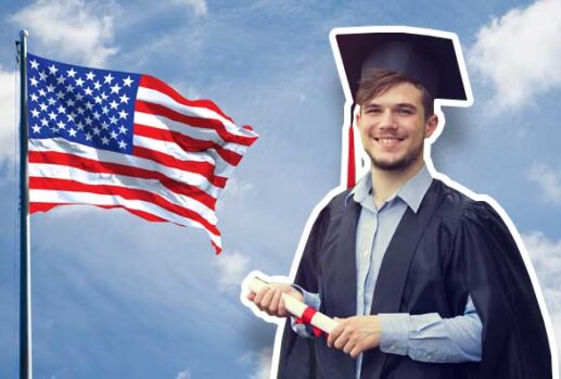 american flag and graduate holding diploma