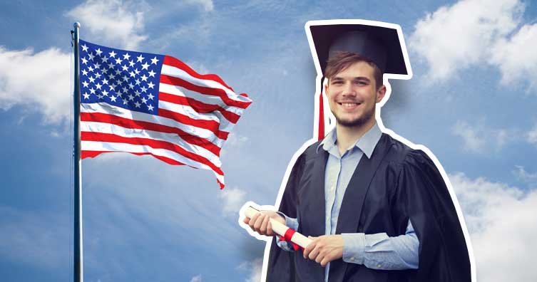 american flag and graduate holding diploma