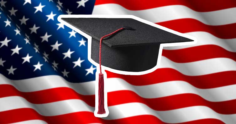 Graduation cap and American flag background