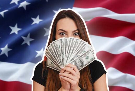 american flag with woman holding money