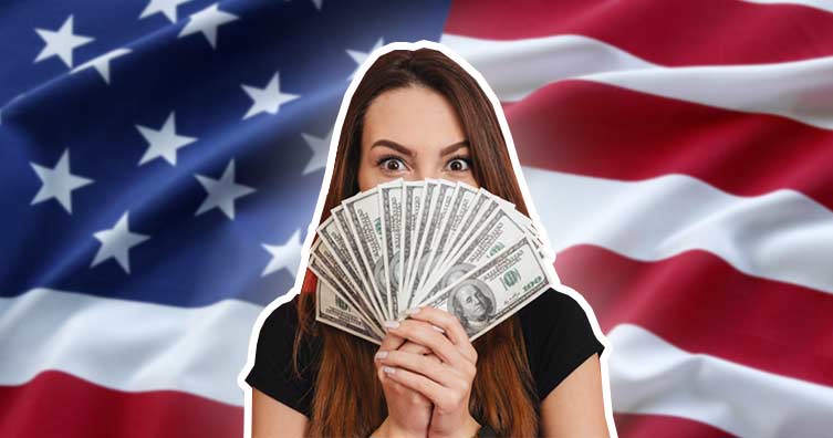 american flag with woman holding money