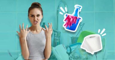 angry woman with cleaning supplies and toilet paper