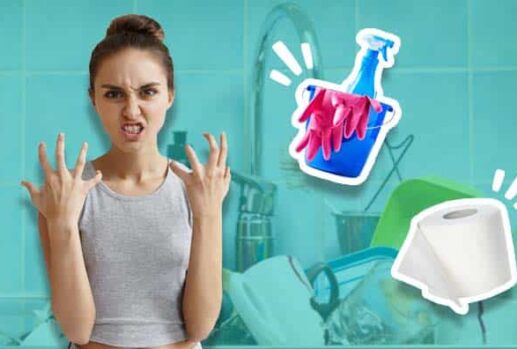 angry woman with cleaning supplies and toilet paper
