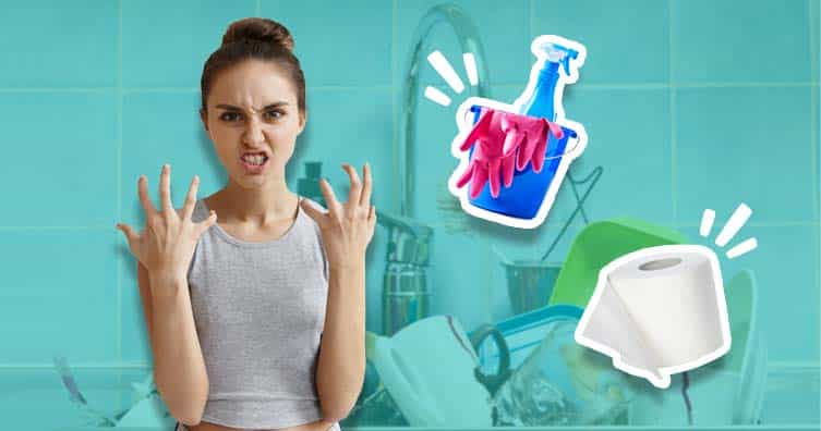 angry woman with cleaning supplies and toilet paper