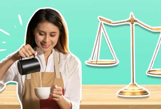 barista pouring coffee and justice scales