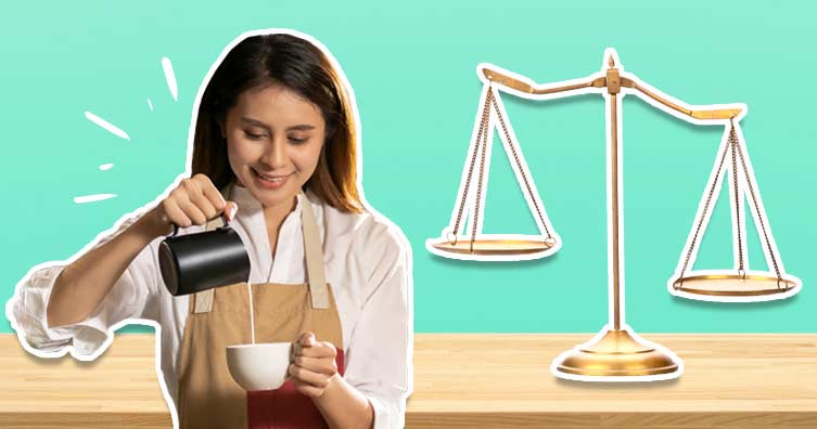 barista pouring coffee and justice scales