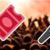 pink blurred concert background with microphone and ticket emojis in foreground