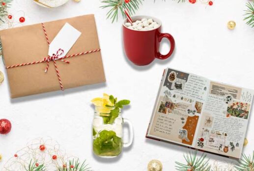 christmas gift, hot chocolate, cocktail and scrapbook