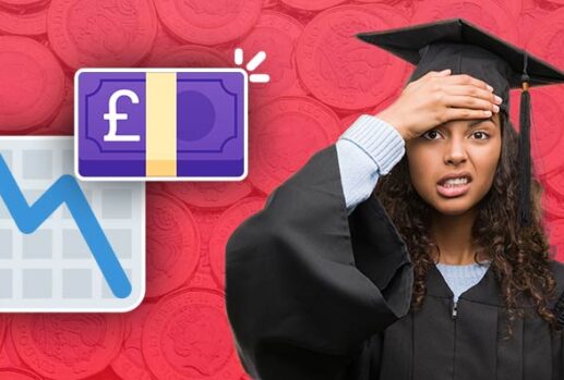 Woman with graduation cap looking concerned with the SLC logo, a downwards pointing graph and a pound note