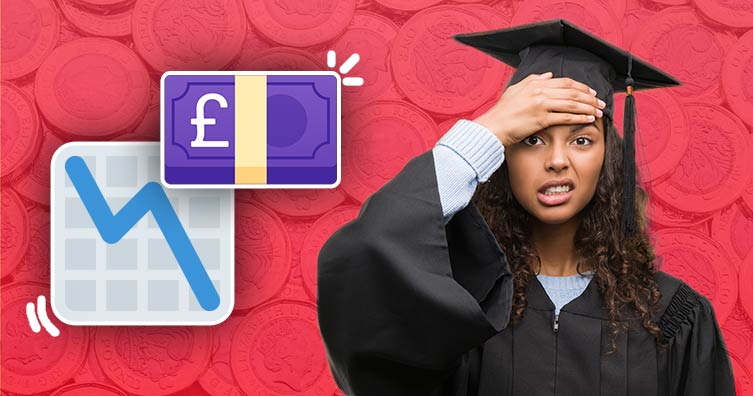 Woman with graduation cap looking concerned with the SLC logo, a downwards pointing graph and a pound note