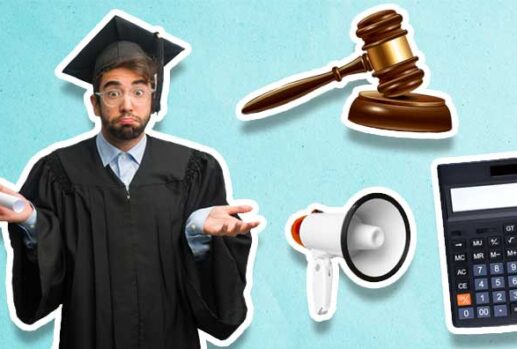 confused graduate with megaphone, calculator and gavel