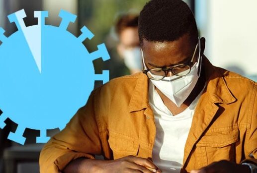 man with mask studying with coronavirus symbol