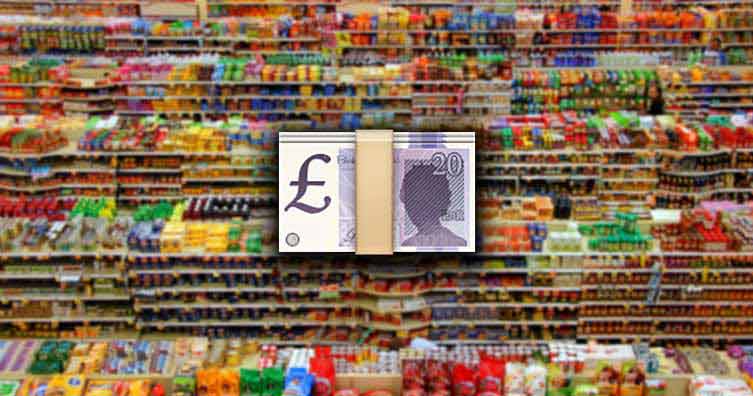 pound note emoji over supermarket