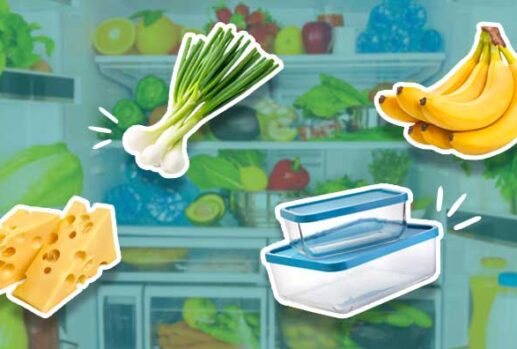 cheese, food containers, spring onion and bananas in front of a fridge