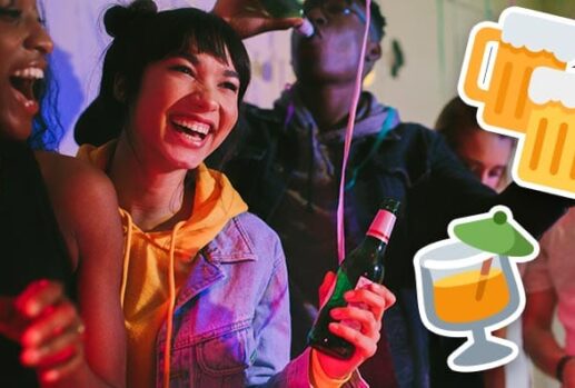 friends at a house party with drink emojis