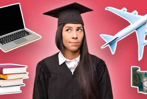 graduate surrounded by books, a laptop, plane and money
