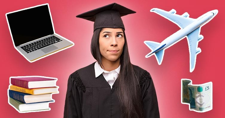 graduate surrounded by books, a laptop, plane and money