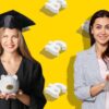 graduate holding piggy bank and woman with ipad