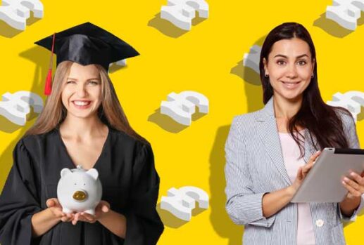 graduate holding piggy bank and woman with ipad