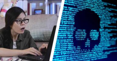 girl looking shocked at laptop hacker code skeleton