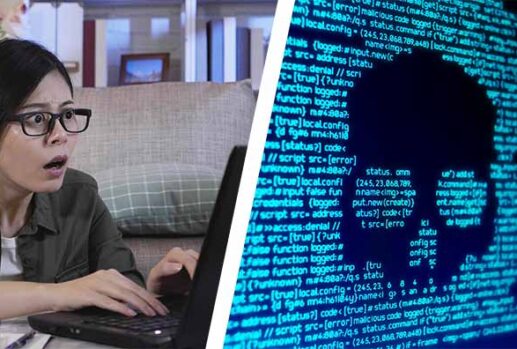 girl looking shocked at laptop hacker code skeleton