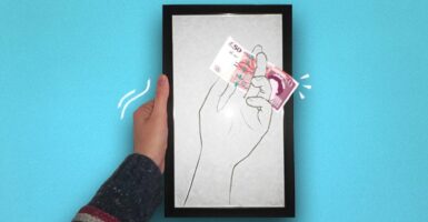 Framed drawing of a hand with a £50 note