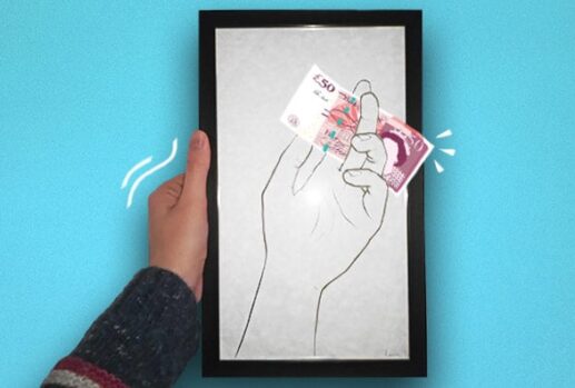 Framed drawing of a hand with a £50 note