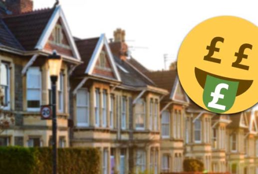 Money face emoji with Bristol houses