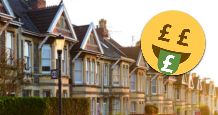 Money face emoji with Bristol houses