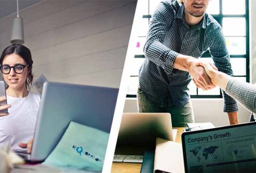 woman on phone near laptop and man shaking someones hand