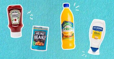 grocery store items on a blue background
