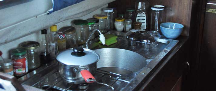 kitchen area in a houseboat