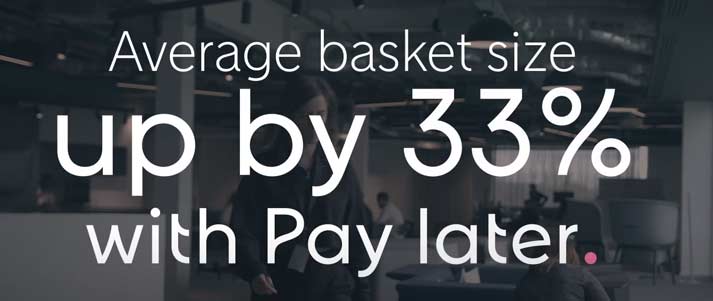 Screenshot from Klarna x Gymshark video reading: "Average basket size up by 33% with Pay later"