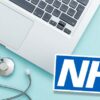 Laptop, stethoscope and NHS logo