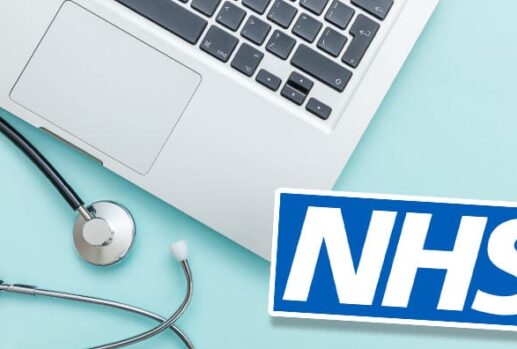Laptop, stethoscope and NHS logo