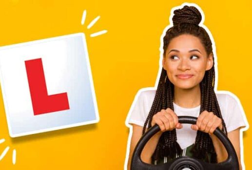 learner driver plate and woman with steering wheel