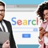 Man and woman in suits with google search