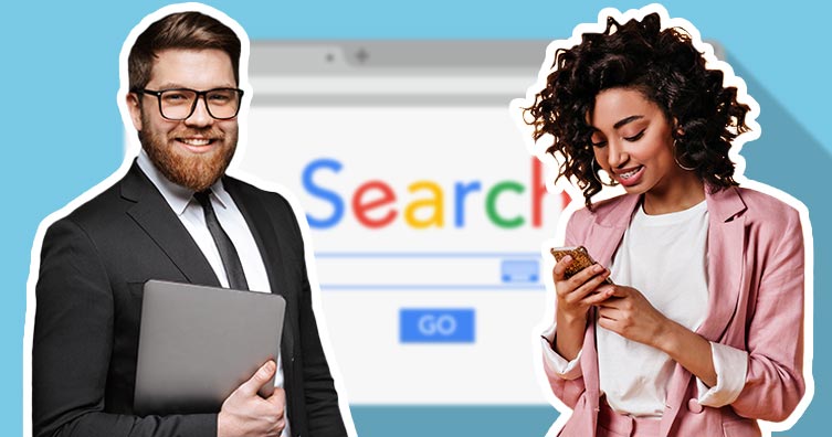 Man and woman in suits with google search