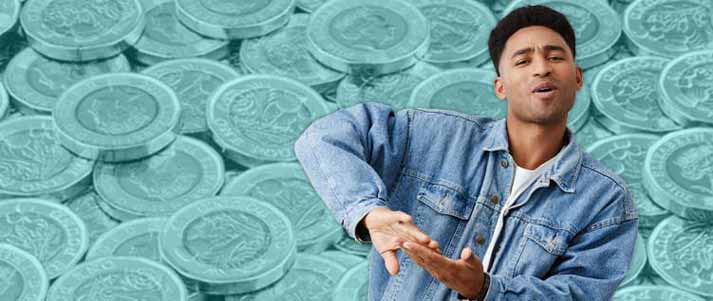 man making it rain with money and coins in the background