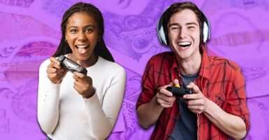 Man and woman gaming with money background