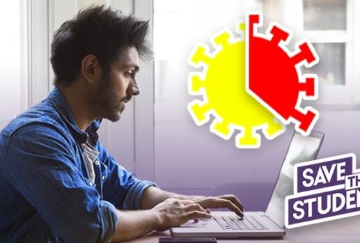man on laptop with save the student logo