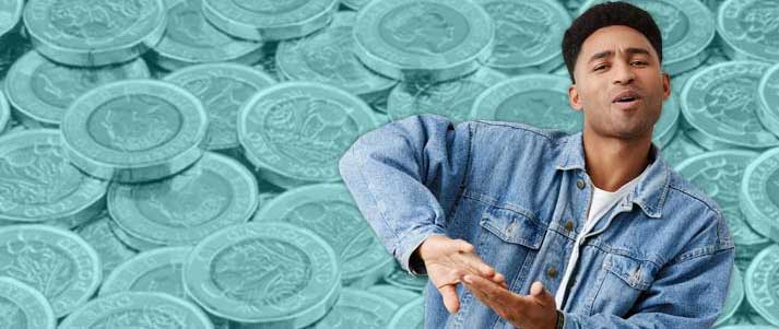 man with coins in the background