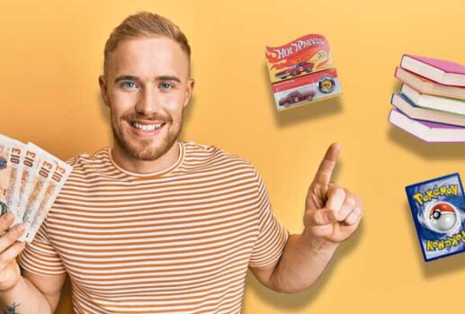 man holding cash and pointing to hotwheels, books and pokemon card