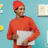 Man with pasta, a coin, a timer, a book, a sponge and a mobile