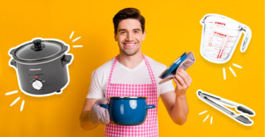 man cooking with slow cooker, jug and tongs