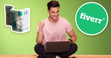 man on laptop with 5 pound note and Fiverr logo