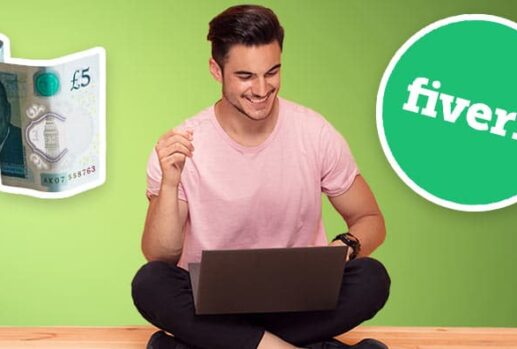 man on laptop with 5 pound note and Fiverr logo