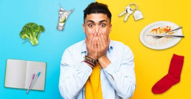 man surprised with yellow blue background